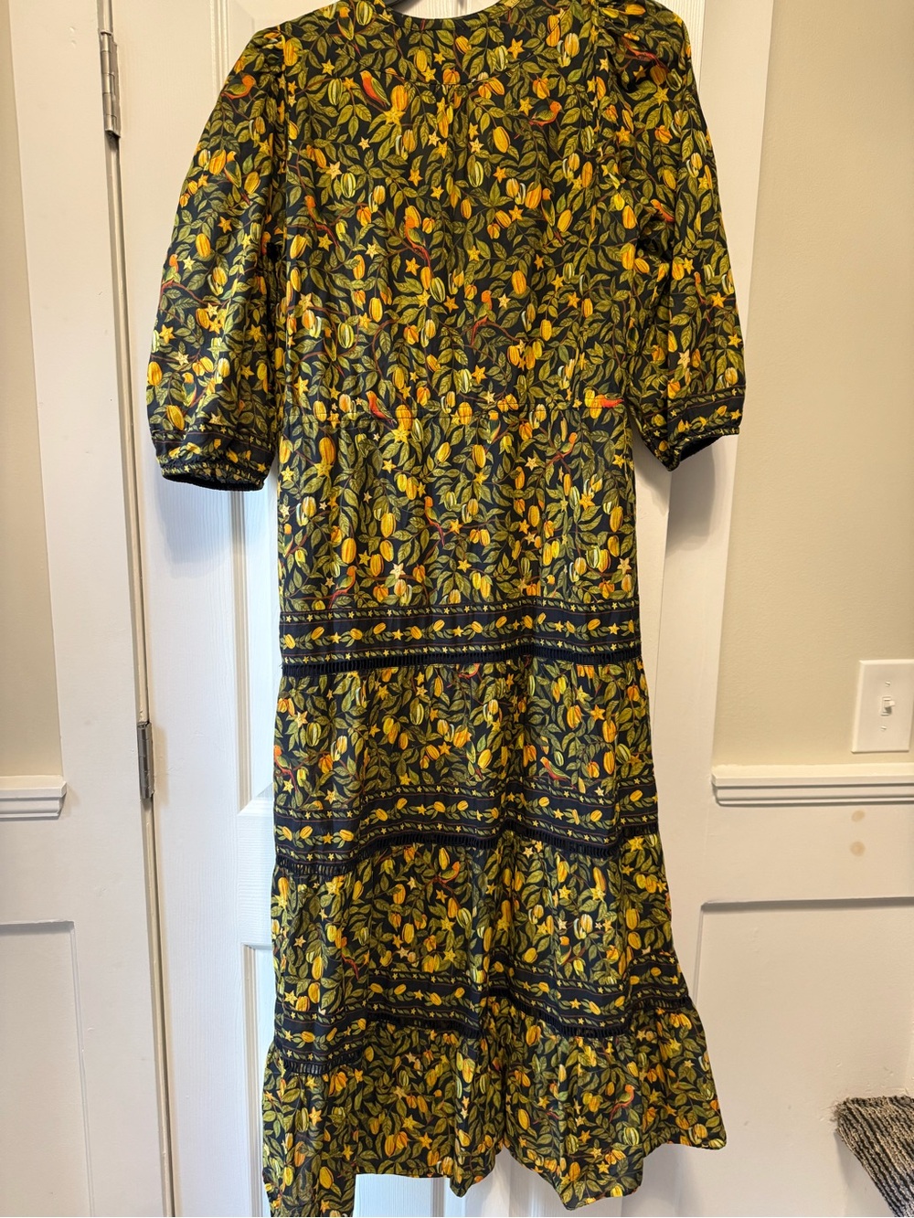 Farm Rio Star Fruits Maxi Dress Yellow Black Cotton Puff Sleeve Size S - Picture 8 of 9